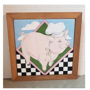 Vintage 80s Chef Pig Framed Ceramic Tile